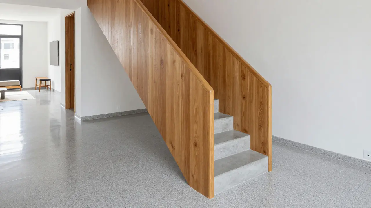 Moderner Sichtestrichboden und eine mit Eichenholz verkleidete Retro-Betontreppe