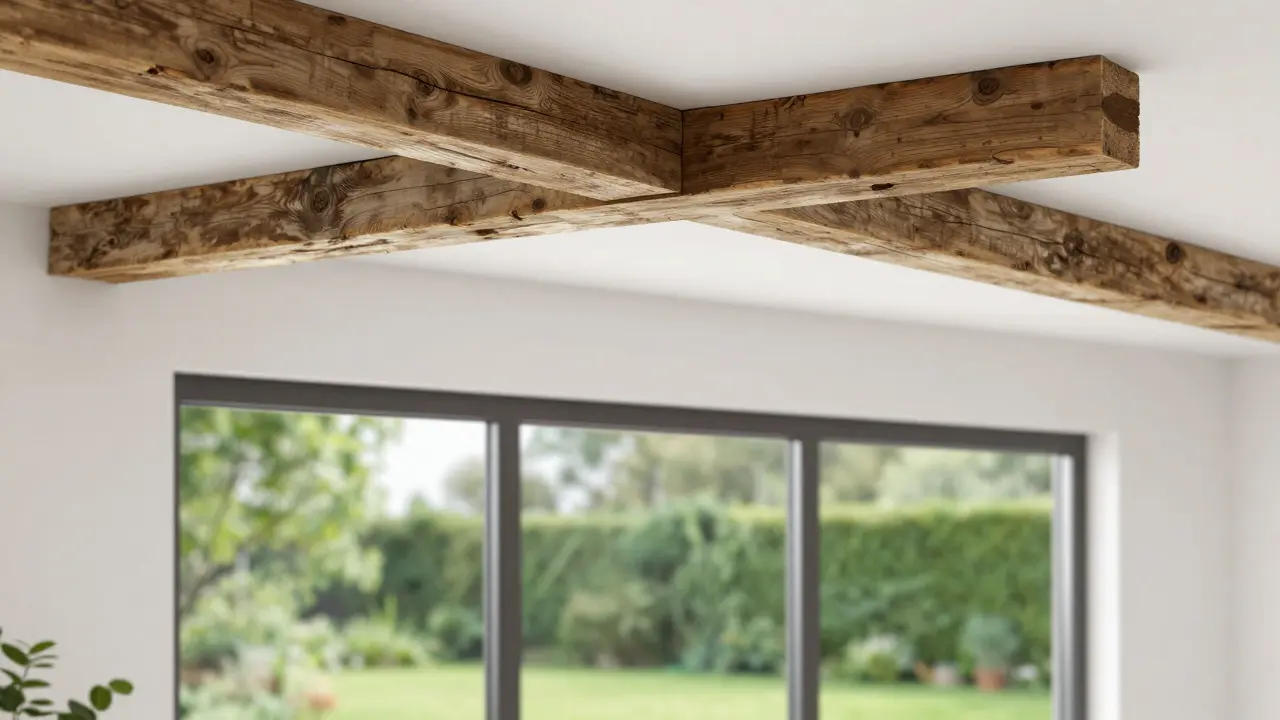 Moderner Wohnraum mit integriertem recyceltem Holzbalken und energieeffizientem Fenster