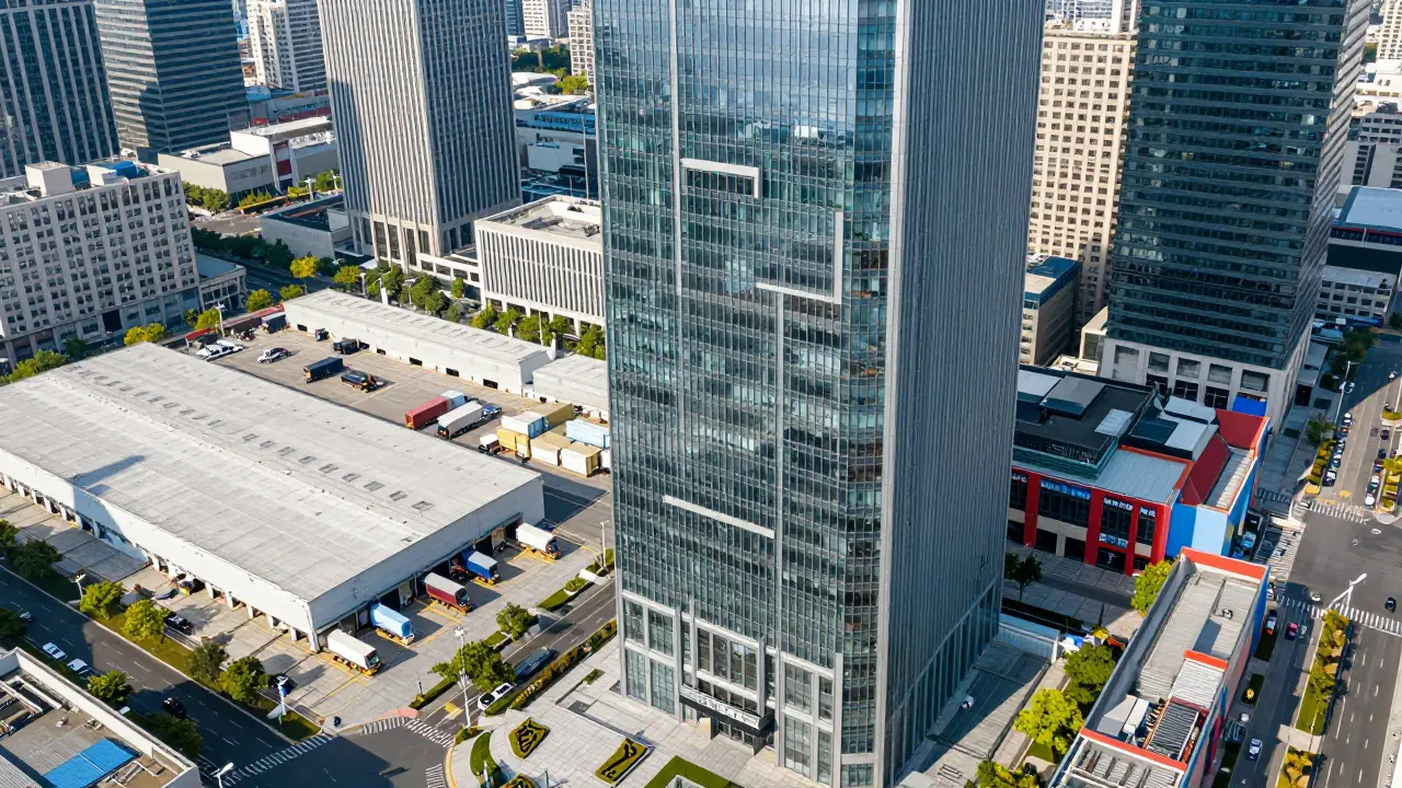 Montage aus Bürohaus, Logistikzentrum und einem Einkaufszentrum.