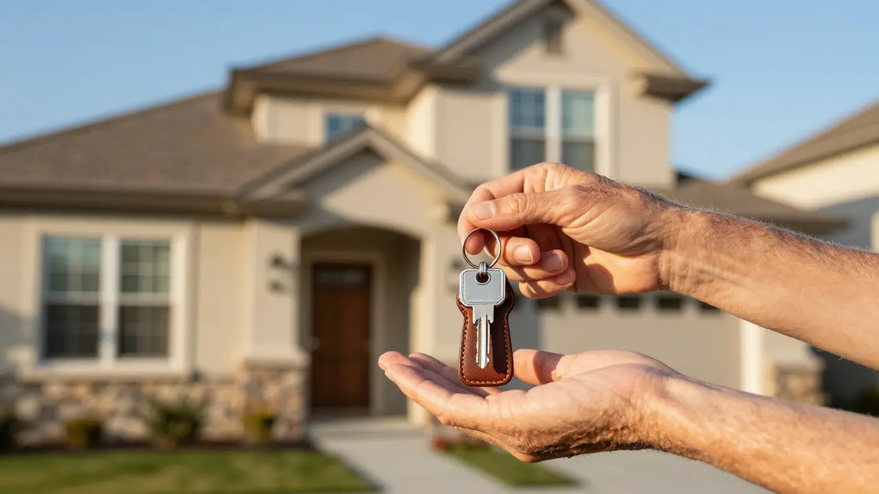 Nahaufnahme einer Schlüsselübergabe vor einem neuen Haus bei Sonnenuntergang.