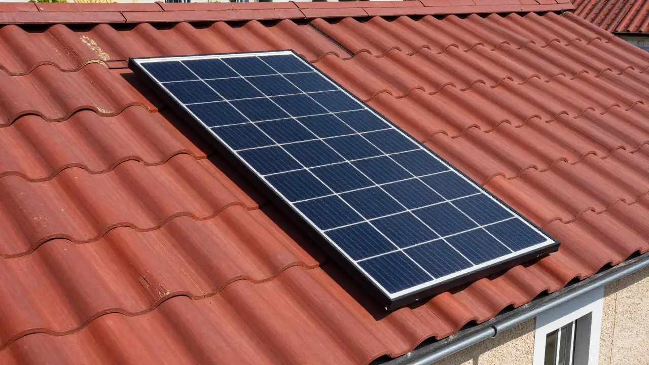 Nahaufnahme von rotbraunen Solardachziegeln auf einem denkmalgeschützten Haus