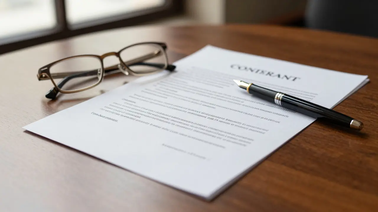 Notarvertrag mit Brille und Füller auf einem Schreibtisch