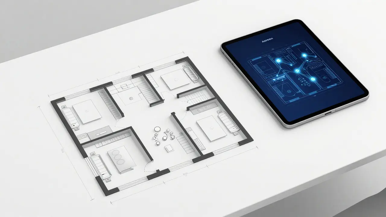 Professioneller 3D-Grundriss auf einem Tisch neben einem KI-Tablet