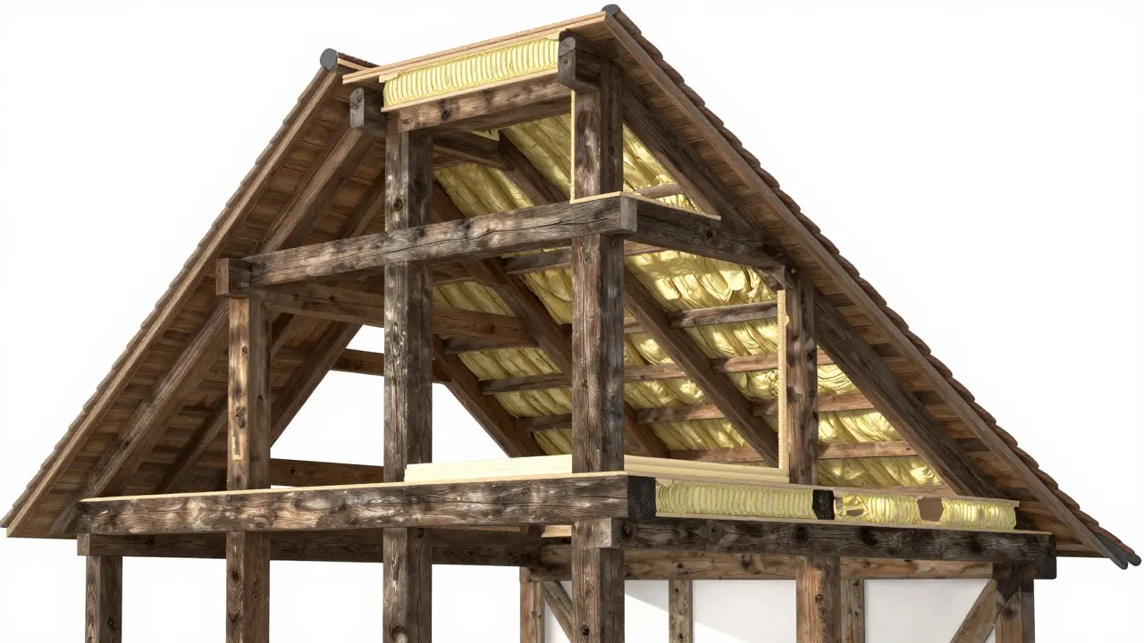 Querschnitt eines historischen Dachstuhls mit moderner Zwischensparrendämmung