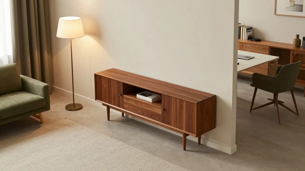 Raumteilung durch ein Sideboard und unterschiedliche Lichtquellen in einem offenen Wohnbereich.