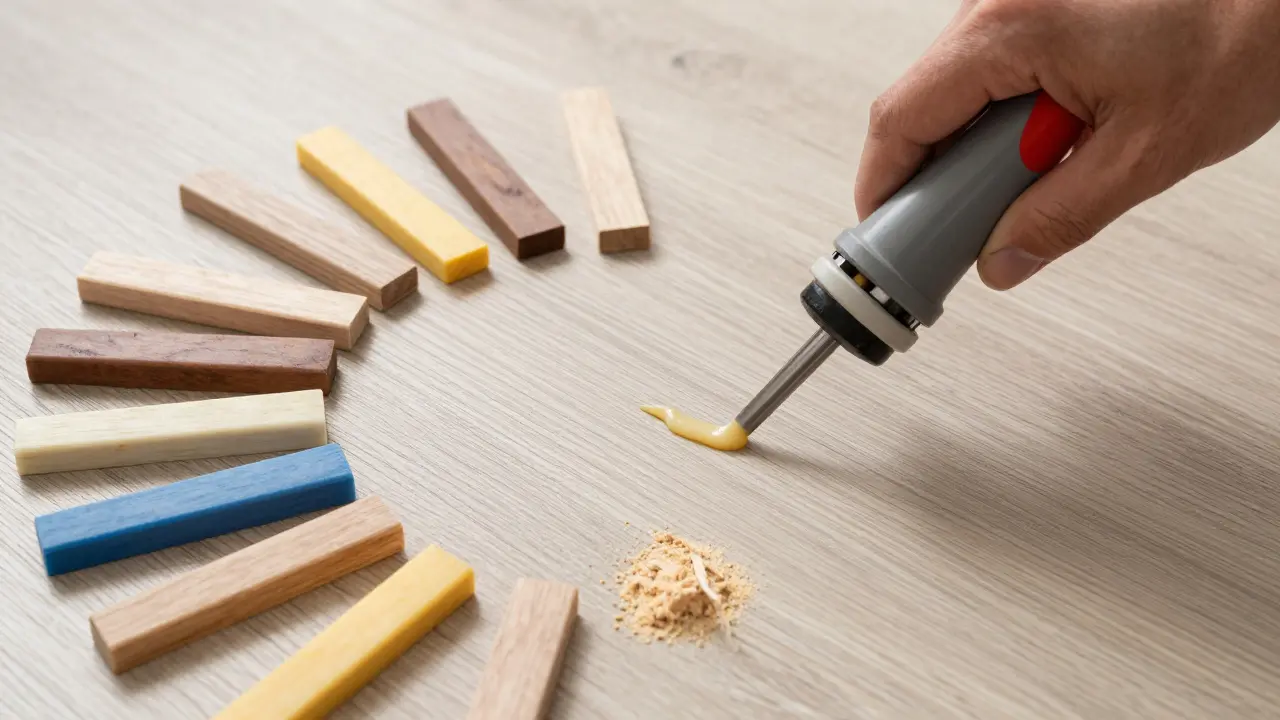 Reparatur eines Holzboden-Kratzers mit einem Hartwachs-Schmelzgerät und Farbstiften.