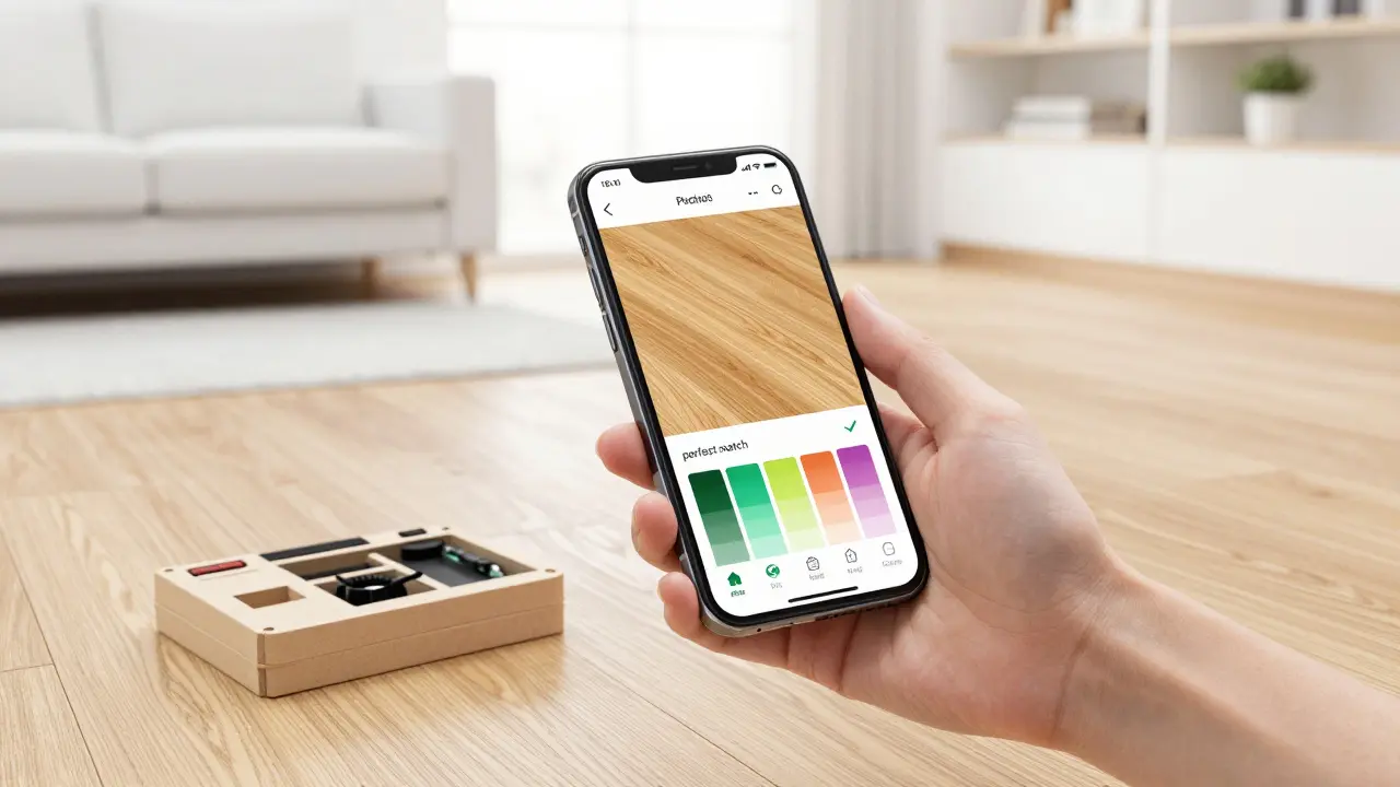 Smartphone-App zur Farbanalyse für eine unsichtbare Bodenreparatur mit Eco-Set.