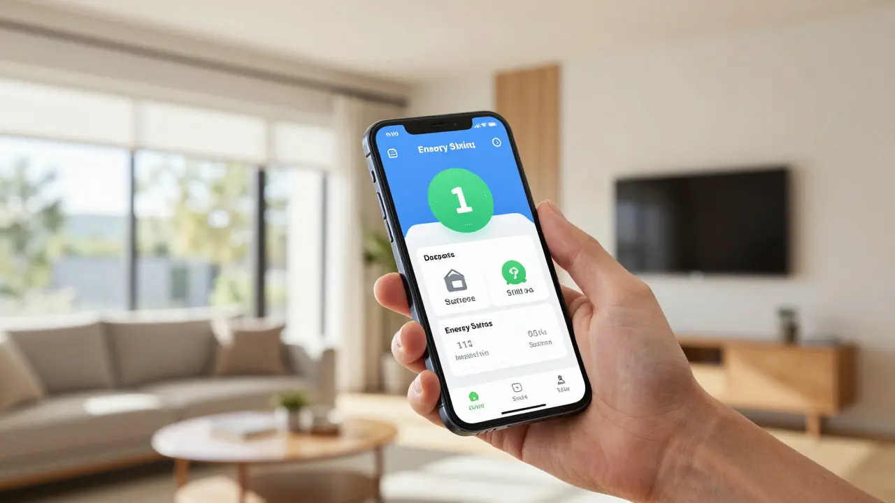 Smartphone-App zur Steuerung von Energiesparmaßnahmen in einem modernisierten Heim.
