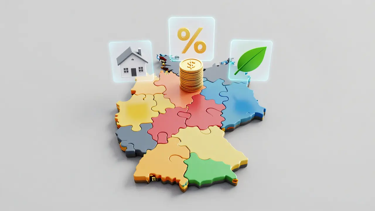 Stilisierte Deutschlandkarte als Puzzle mit Symbolen für Wohnungsförderung.