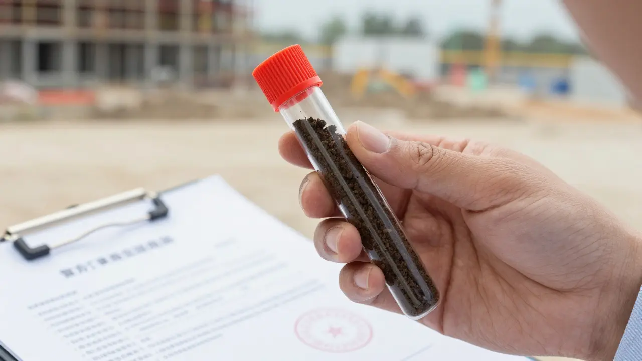 Umweltgutachter untersucht eine Bodenprobe auf Altlasten an einer Baustelle.