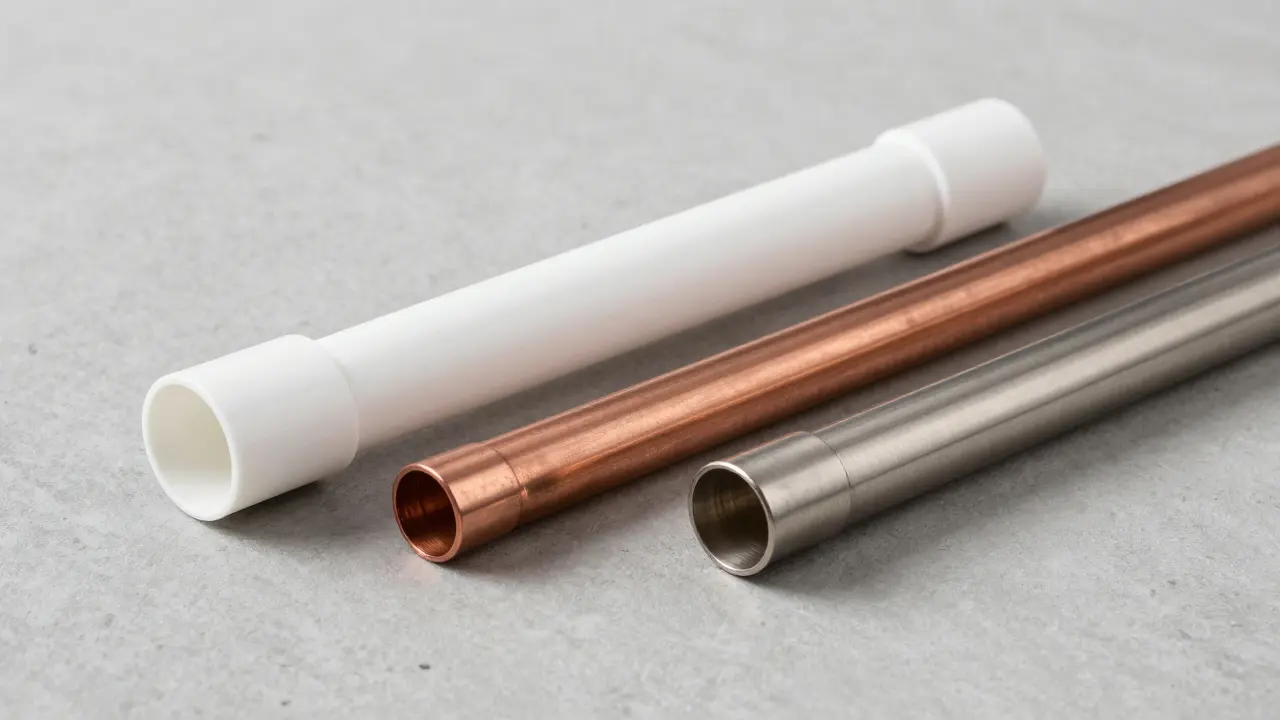 Vergleich von Kunststoff-, Kupfer- und Edelstahlrohren auf grauem Grund.