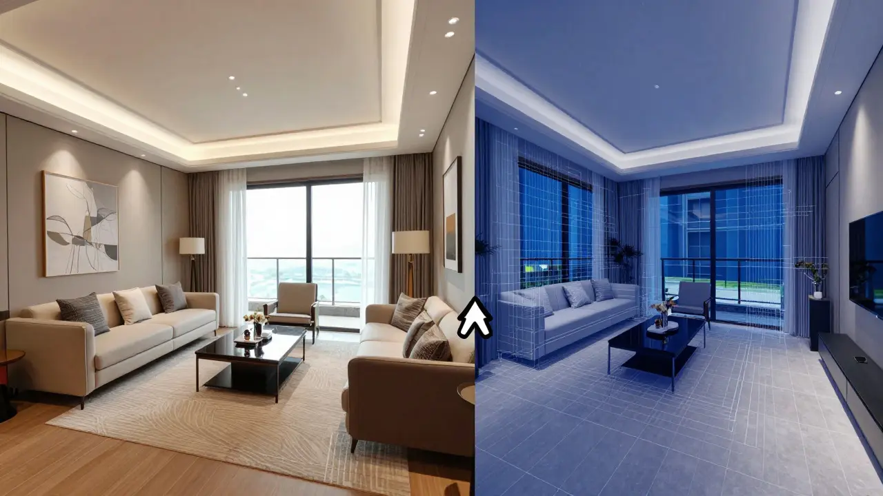 Vergleich zwischen einem echten Wohnraum und seinem digitalen 3D-Zwilling