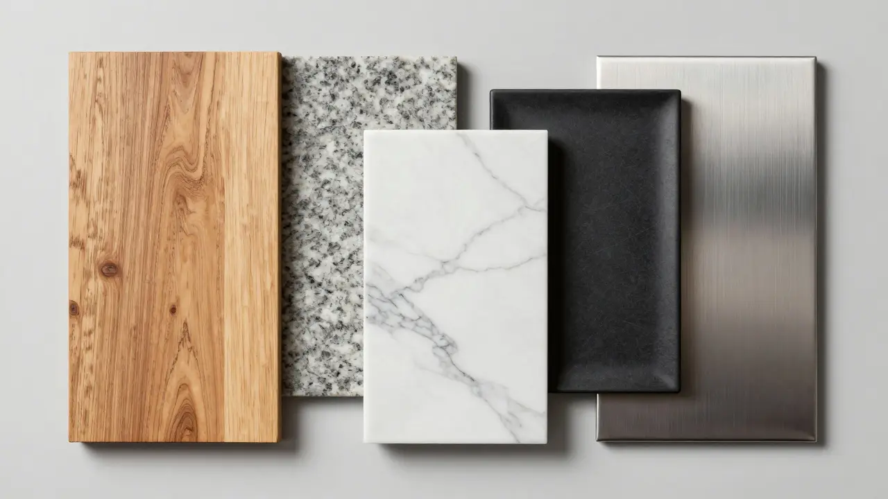 Verschiedene Materialproben für Arbeitsplatten: Holz, Granit, Marmor, Keramik und Edelstahl.