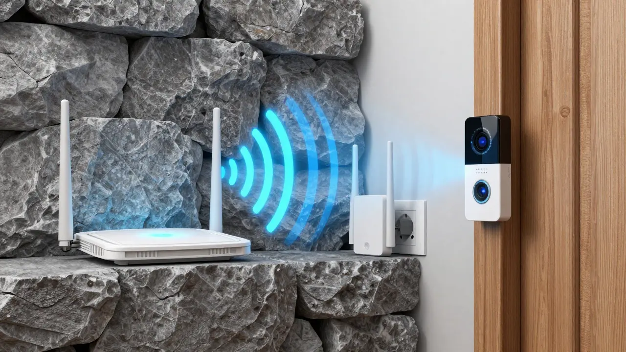 Visualisierung eines WLAN-Repeaters, der das Signal durch eine Steinwand zur Türklingel leitet