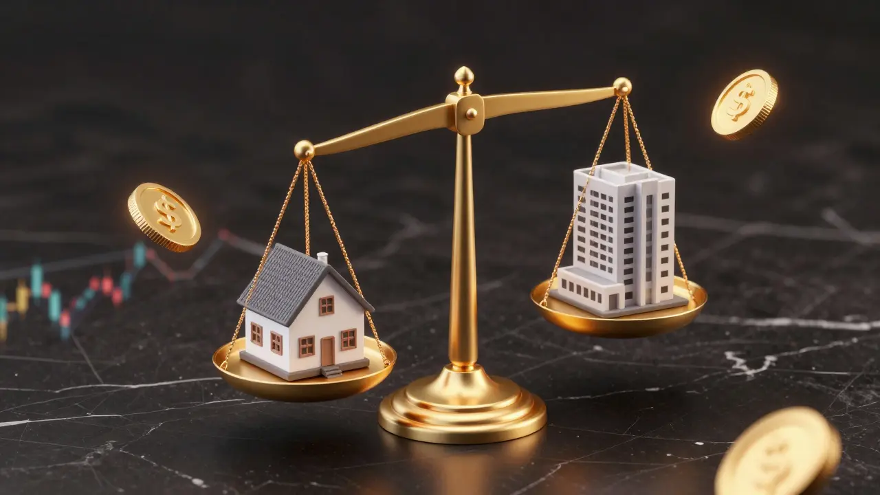 Waage mit einem Wohnhaus und einem Gewerbegebäude als Symbol für Rendite und Risiko.
