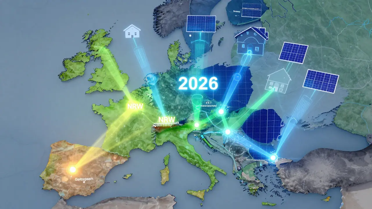 Abstrakte Darstellung regionaler Solarpflicht-Regeln und Gesetze