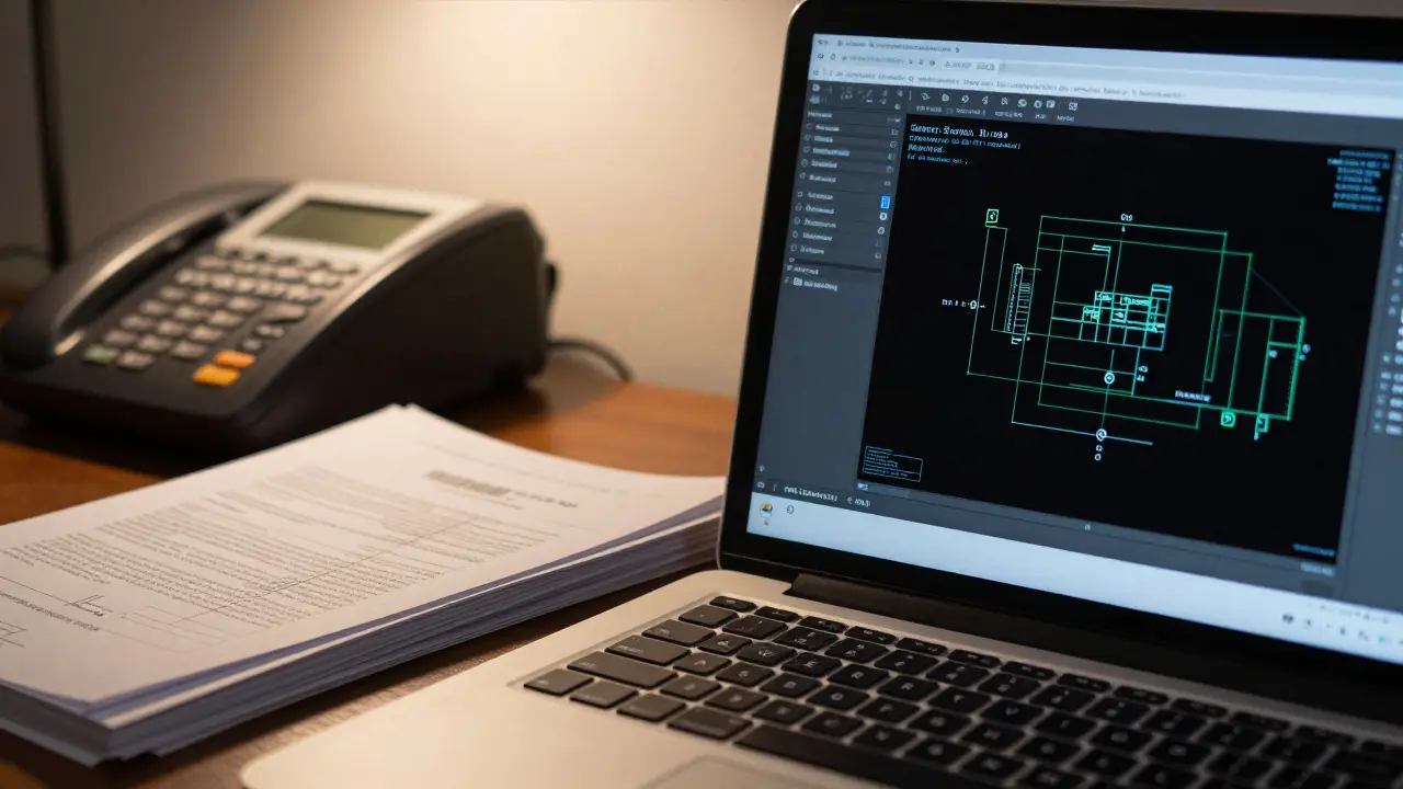 Architektenarbeitsplatz mit CAD-Software und Papierdokumenten