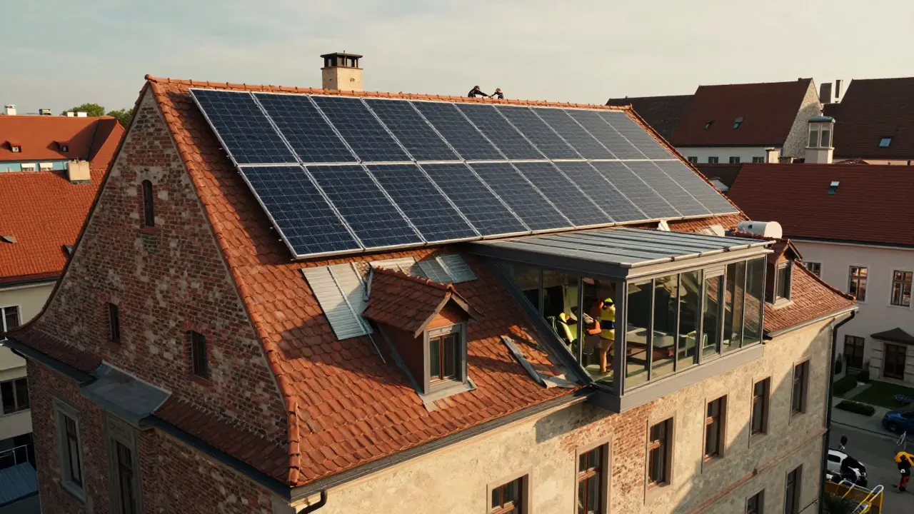 Dachsanierung bei einem historischen Gebäude mit neuen Solarmodulen