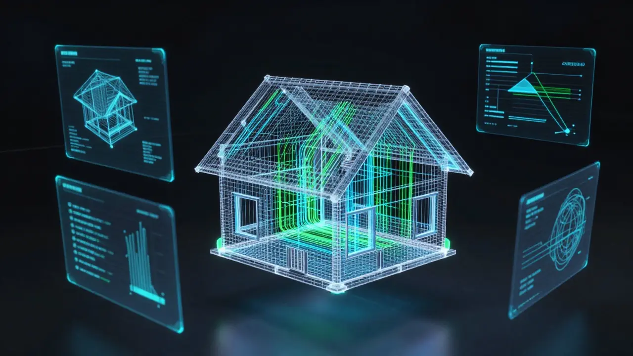 Digitales BIM-Modell eines Hauses mit Datenvisualisierung