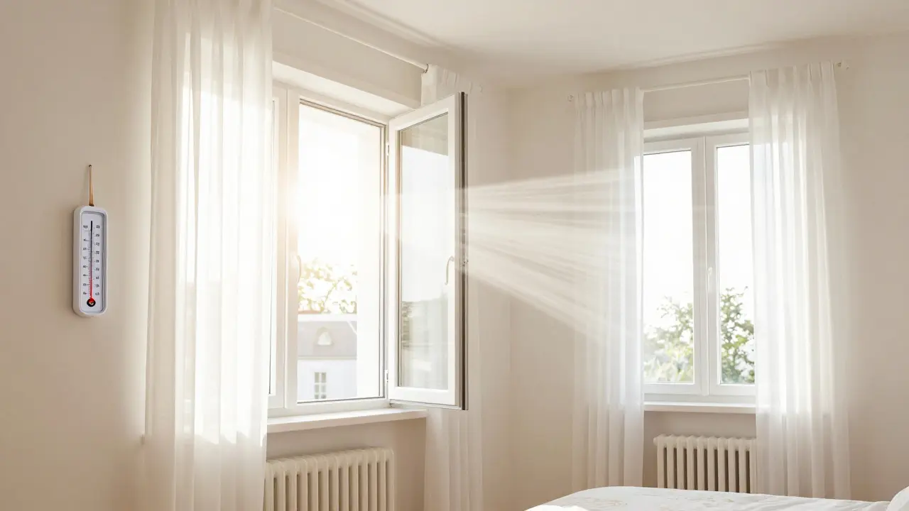 Fenster weit geöffnet zum Stoßlüften in hellem Schlafzimmer