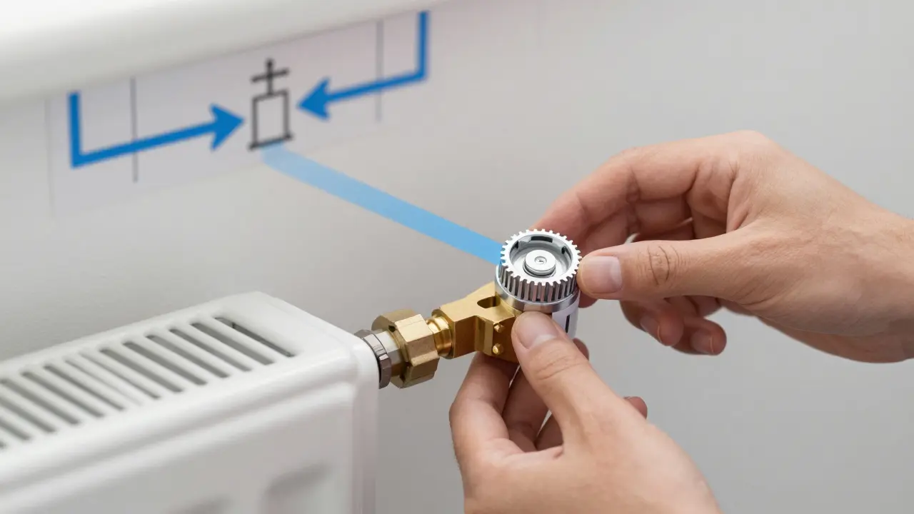 Hand stellt Thermostatventil an Heizkörper ein, im Hintergrund schematische Rohrleitung
