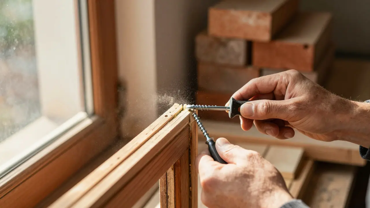 Handwerker baut altes Fenster sorgfältig zur Wiederverwendung ab