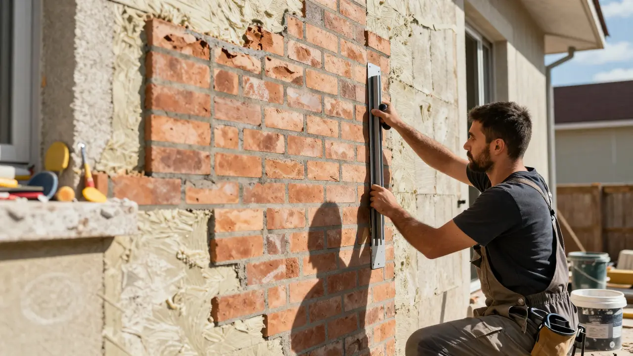 Handwerker installiert keramische Verblenderriemchen mit Führungssystem