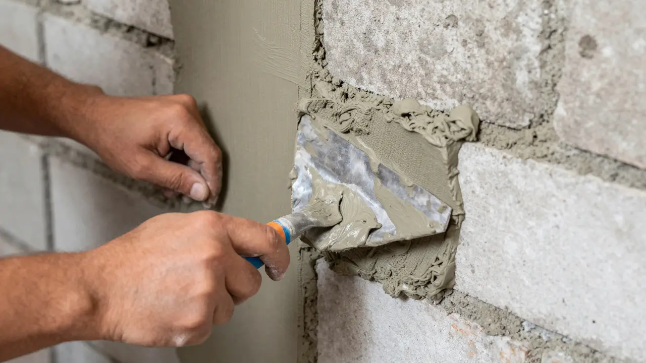 Handwerker trägt Dichtschlämme auf Mauerwerk auf