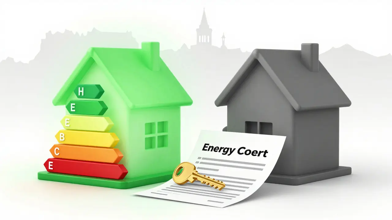 Haus mit grünem Energieschild und goldener Schlüssel für bessere Finanzierung