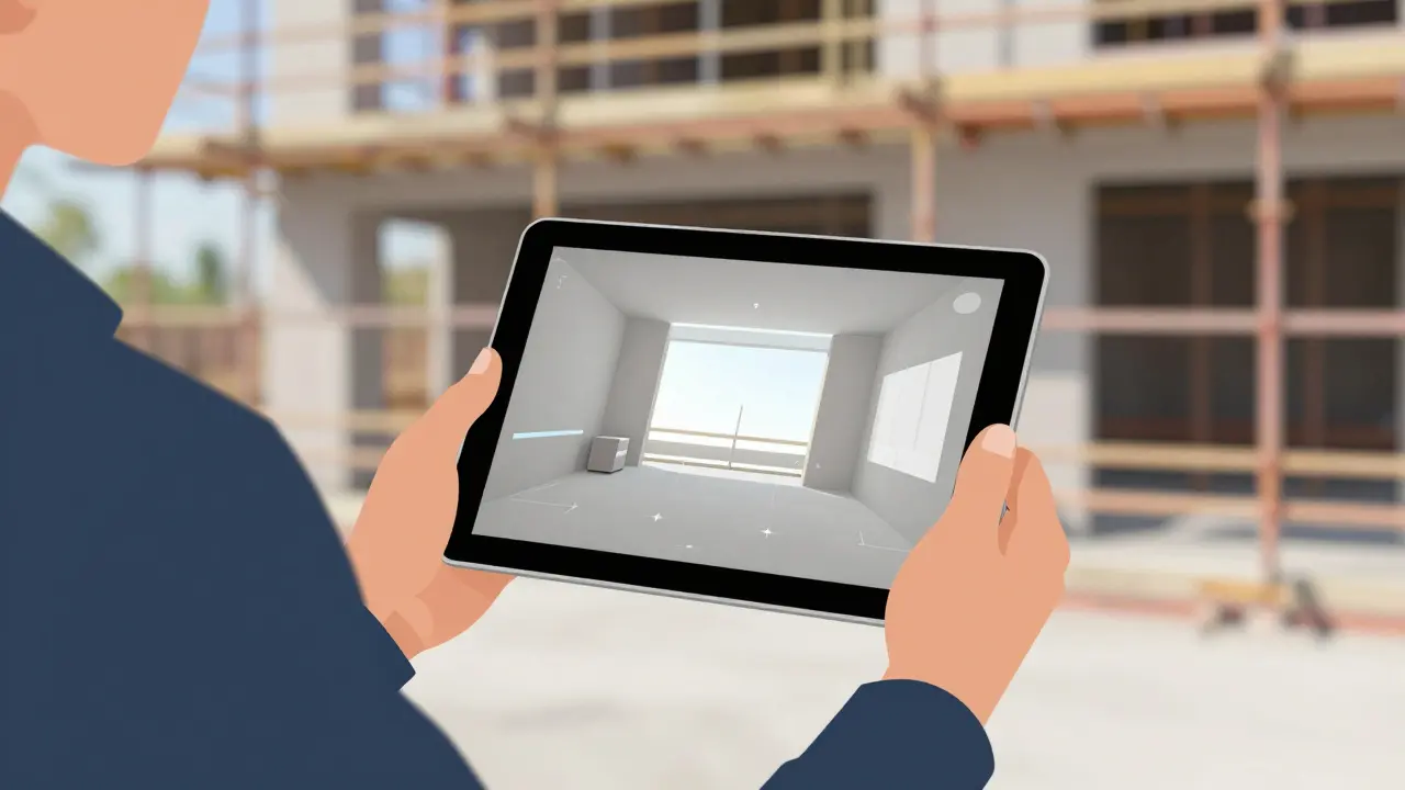 Immobilienmakler nutzt AR-Tablet für Grundrisse vor Ort