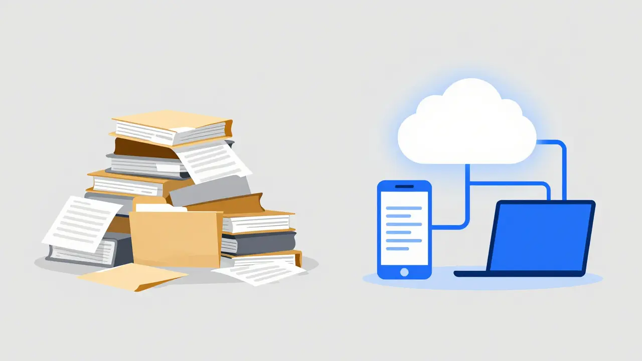 Kontrast zwischen Papierakten und Cloud-Technologie