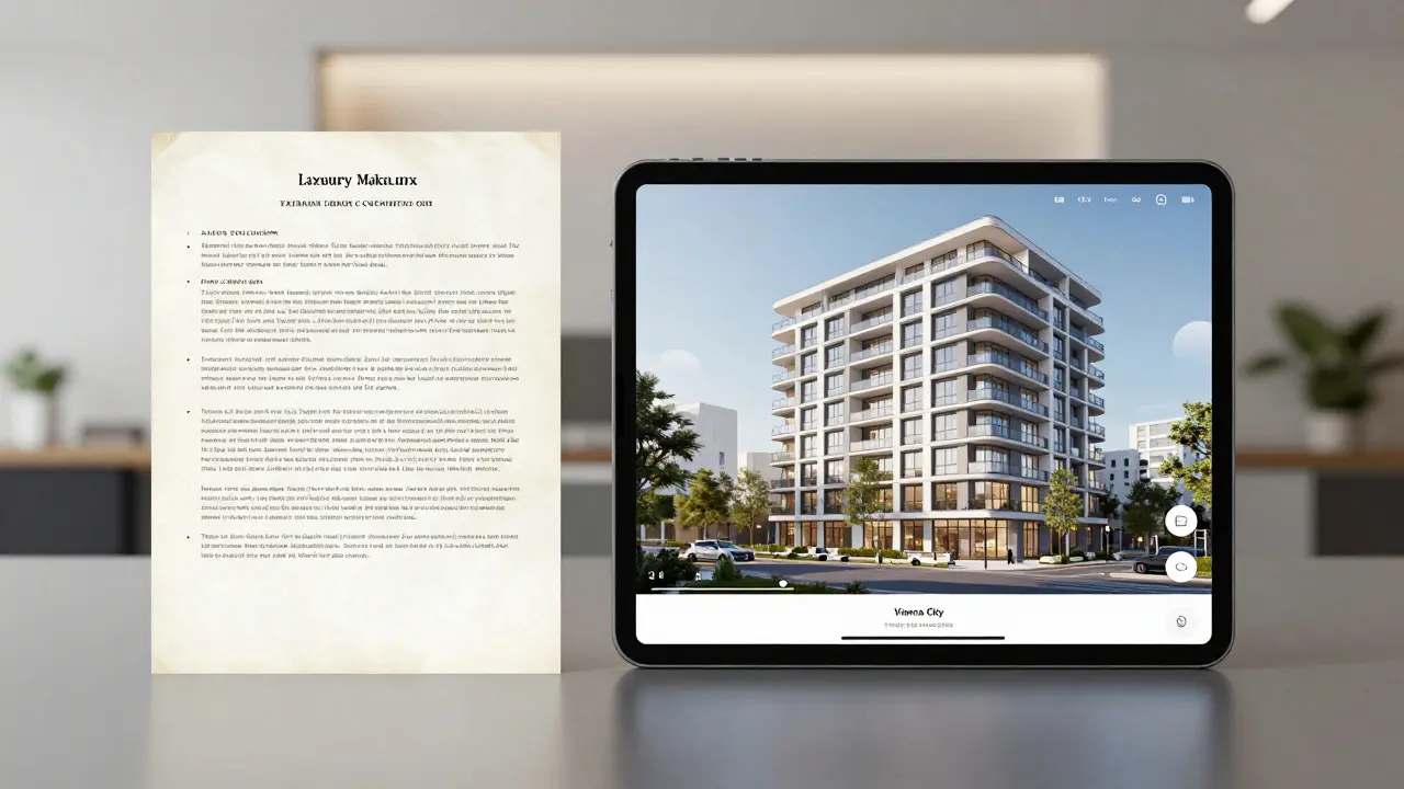 Kontrast zwischen veraltetem Textdokument und moderner 3D-Virtual-Tour auf Tablet-Bildschirm.