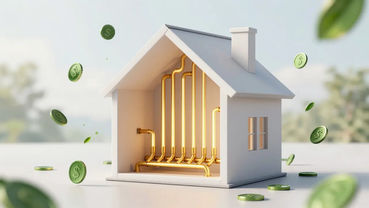 Konzeptionelle Darstellung eines Hauses mit gleichmäßig verteilter Wärme und Symbolen für Energieersparnis