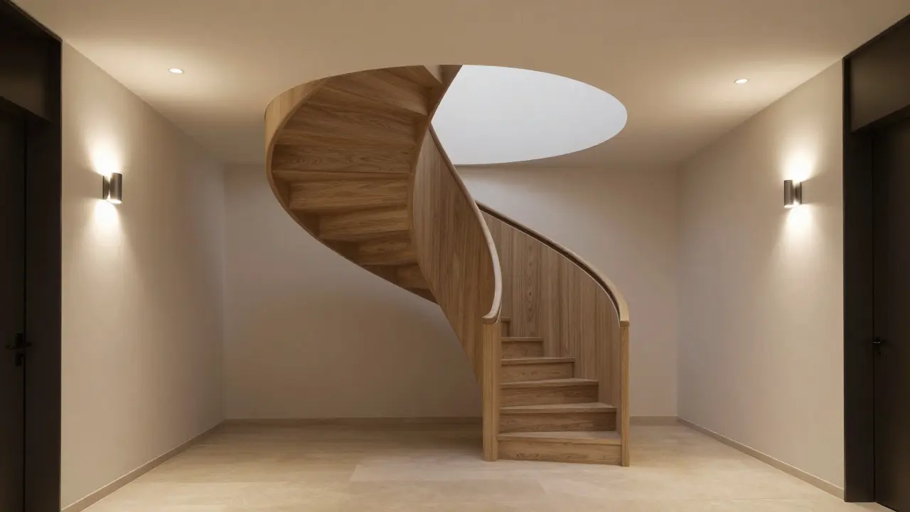 Luxuriöse Wendeltreppe mit eleganter Wand- und Deckenbeleuchtung in einem modernen Haus.