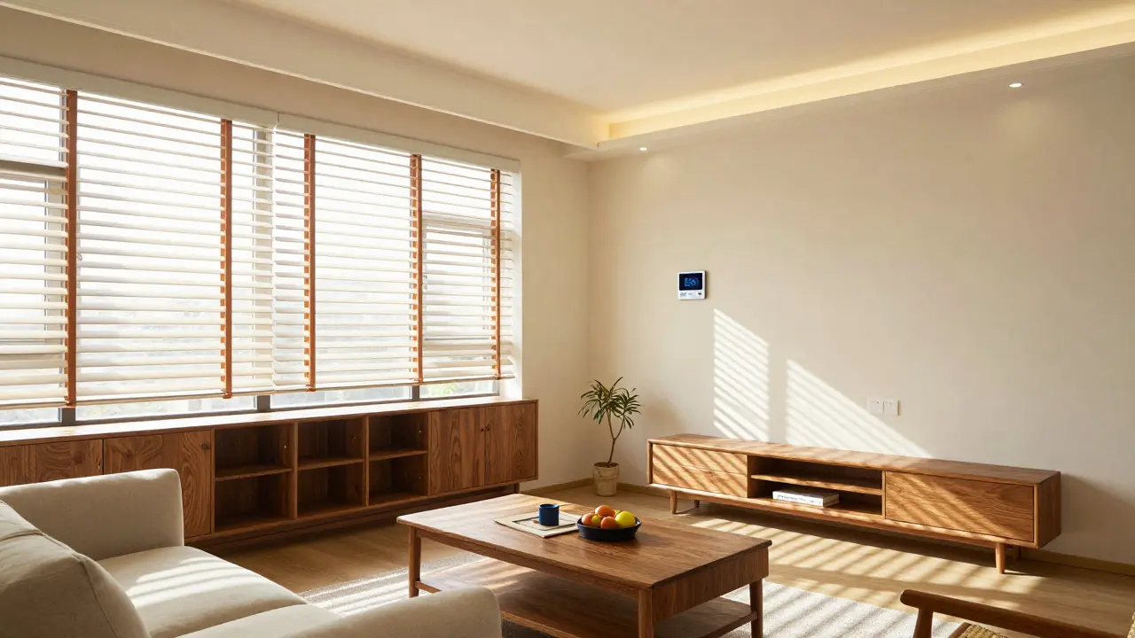 Modernisiertes Wohnzimmer mit automatischen Jalousien