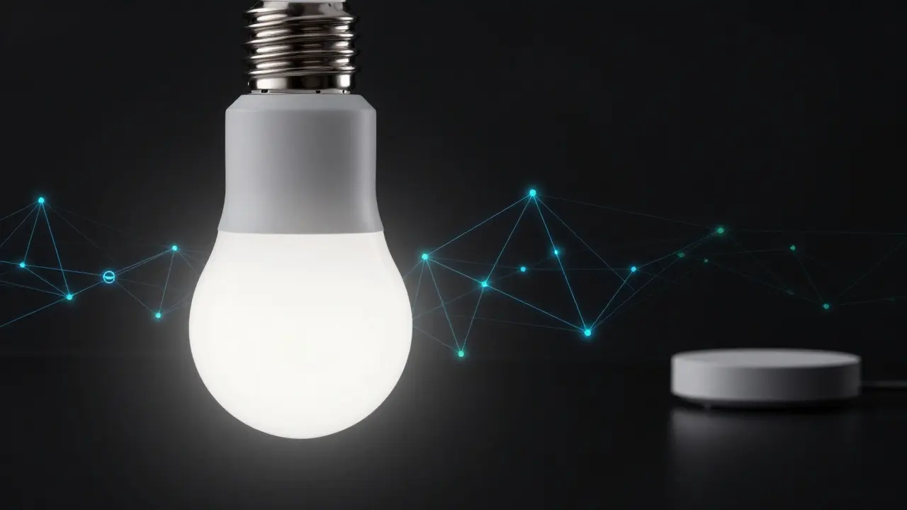 Nahaufnahme einer intelligenten LED-Lampe mit digitalen Netzwerklinien