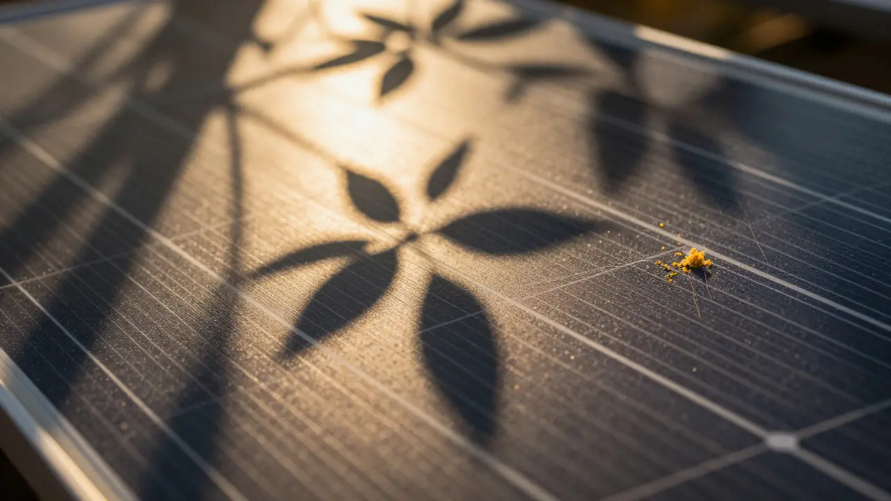 Nahaufnahme von Solarpanelen mit Schatten und Verschmutzung als Ertragsbremse