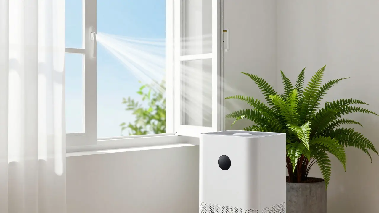 Offenes Fenster für Stoßlüften neben einem Entfeuchter und Zimmerpflanze für gesundes Raumklima.