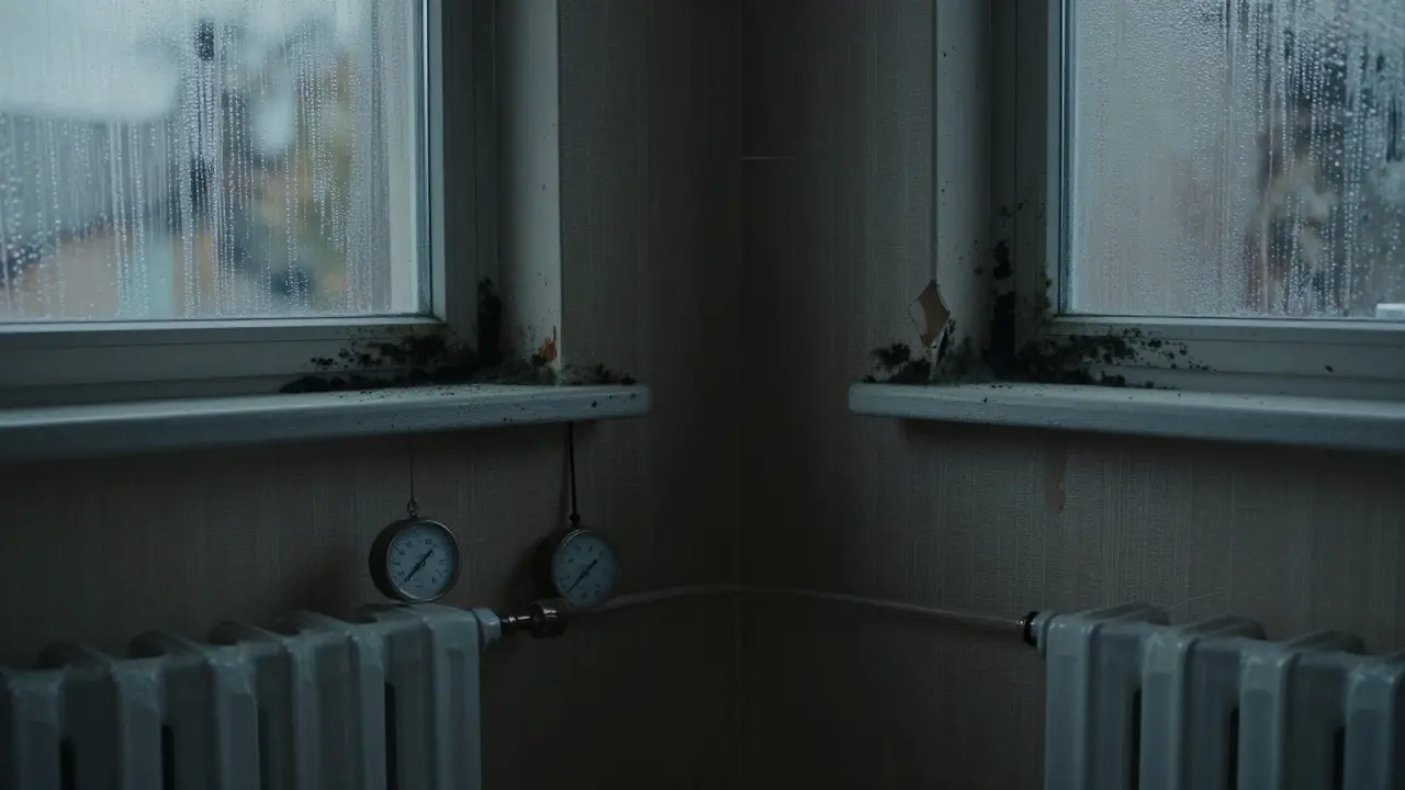 Schwarze Schimmelflecken an einer feuchten Außenwand und Kondenswasser am Fenster im abgedunkelten Raum.