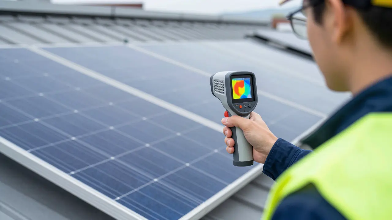 Techniker führt Thermografie-Prüfung an einer Photovoltaikanlage durch