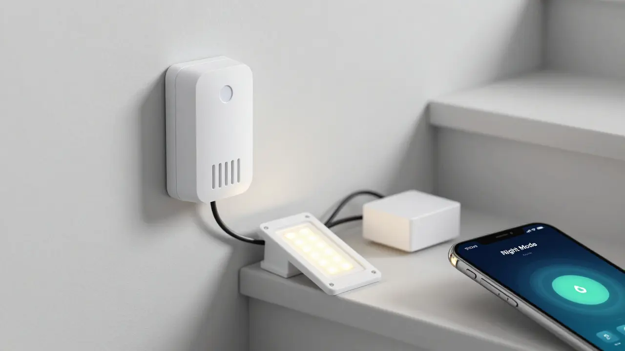 Technische Detailansicht von Bewegungsmeldern und Smart-Home-Komponenten für Treppenbeleuchtung.