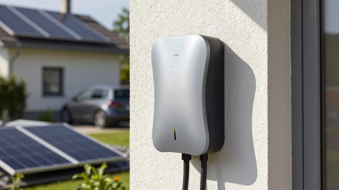 Wallbox an einer Hauswand mit Solarpanels im Hintergrund