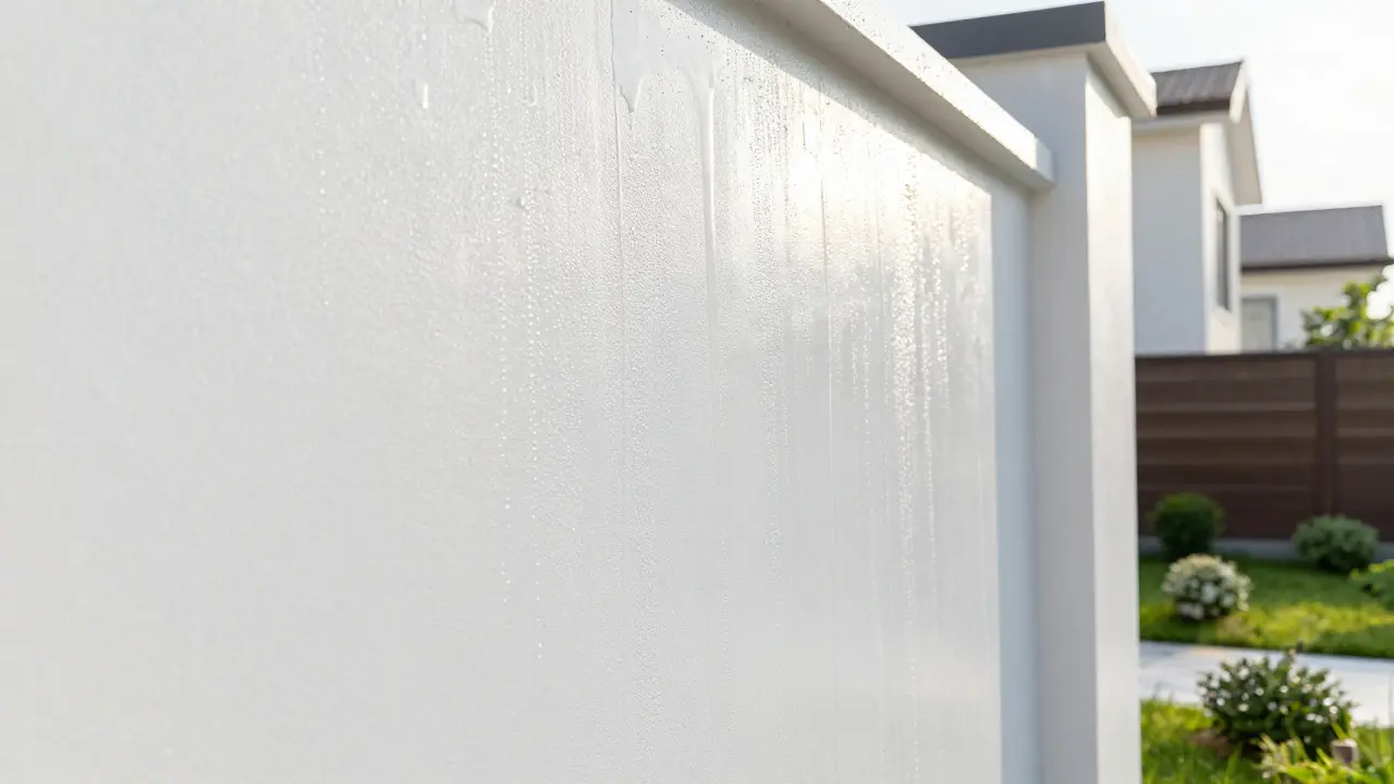 Wasserperlen auf einer geschützten, sauberen Fassade