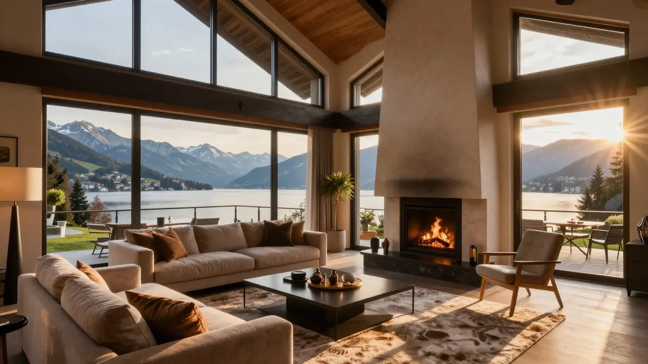Wohnzimmer einer Luxusvilla am Attersee mit Blick auf den See und Berge bei Golden Hour.