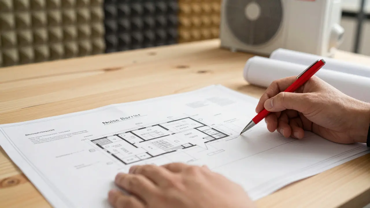 Architectural plans and legal documents on a table, focusing on noise regulations