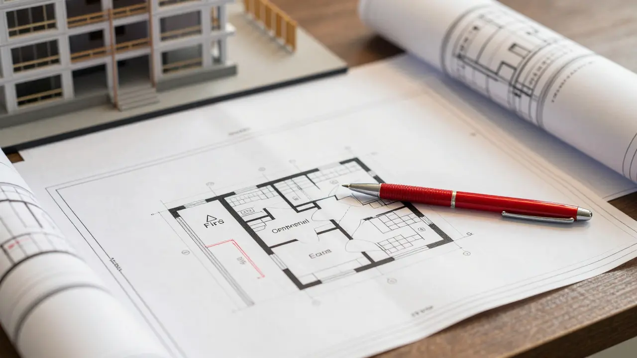 Architektenpläne und Bauanträge auf dem Schreibtisch