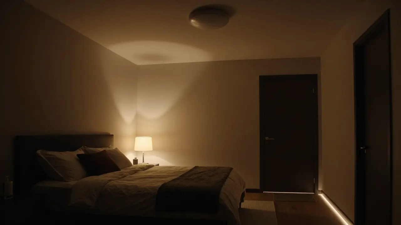 Dreistufige Beleuchtung im Schlafzimmer: Deckenlicht, Leselampe und Orientierungslichter