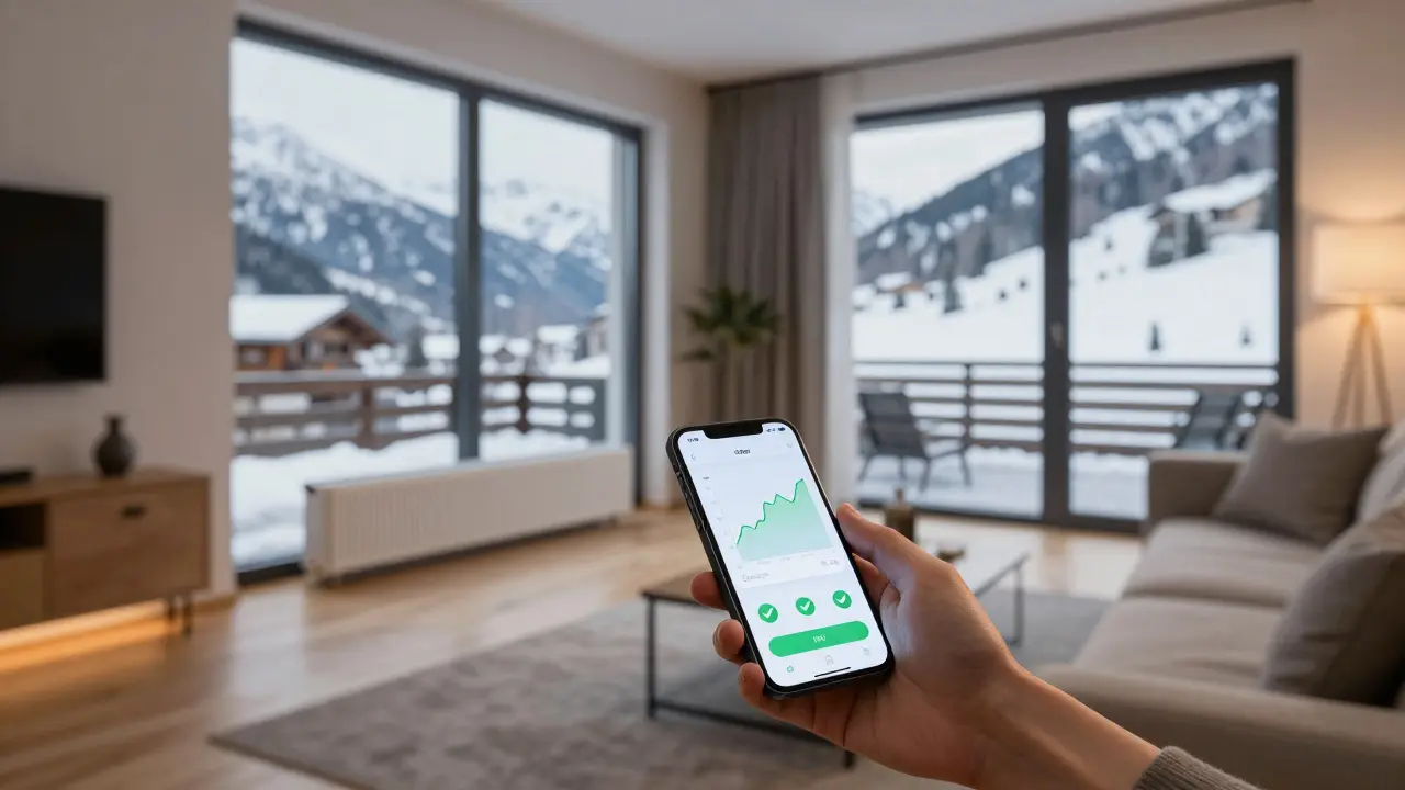 Gemütliches Wohnzimmer mit effizienter Heizung und Blick auf die Berge