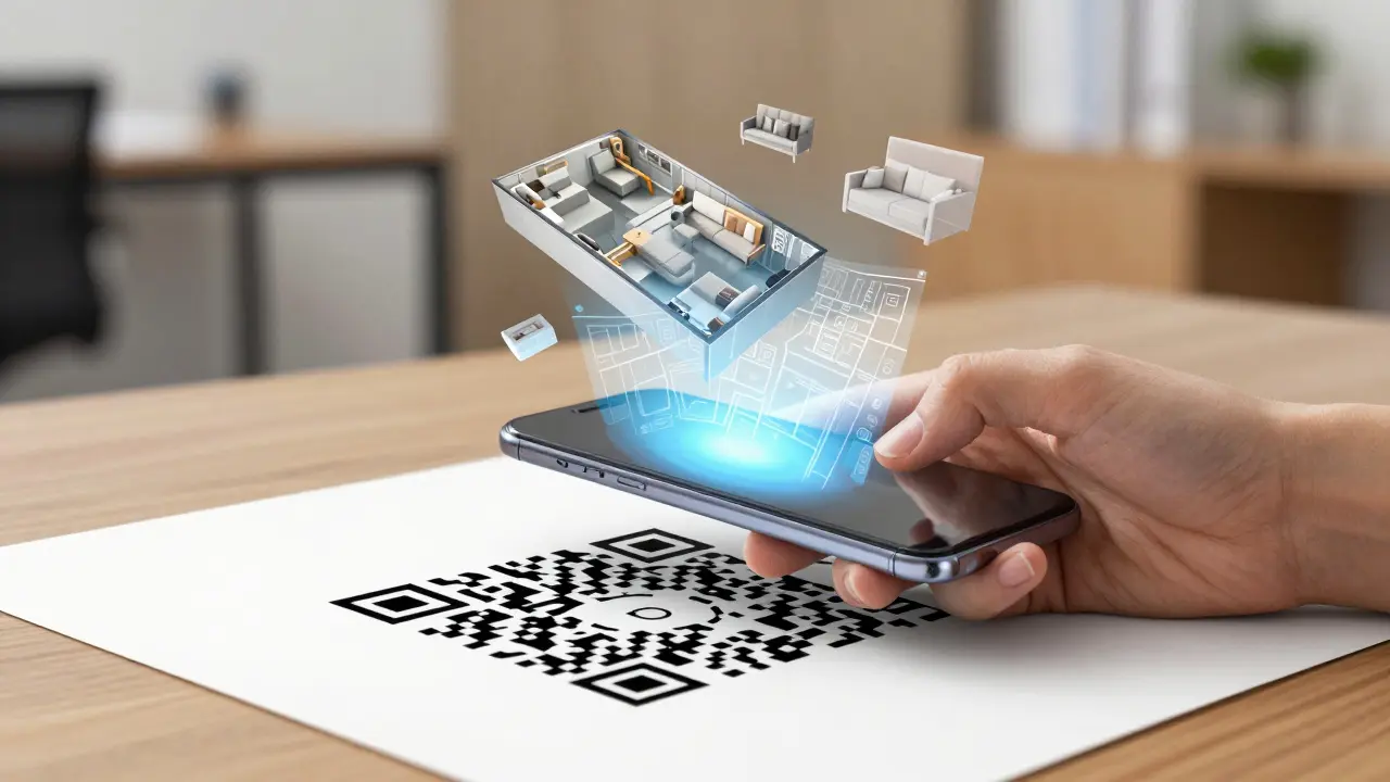 Hand hält Handy über Flyer, holografische 3D-Daten steigen auf