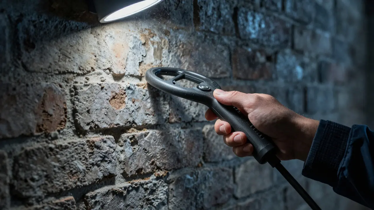 Hand mit Metalldetektor prüft alte Ziegelwand vor Installation